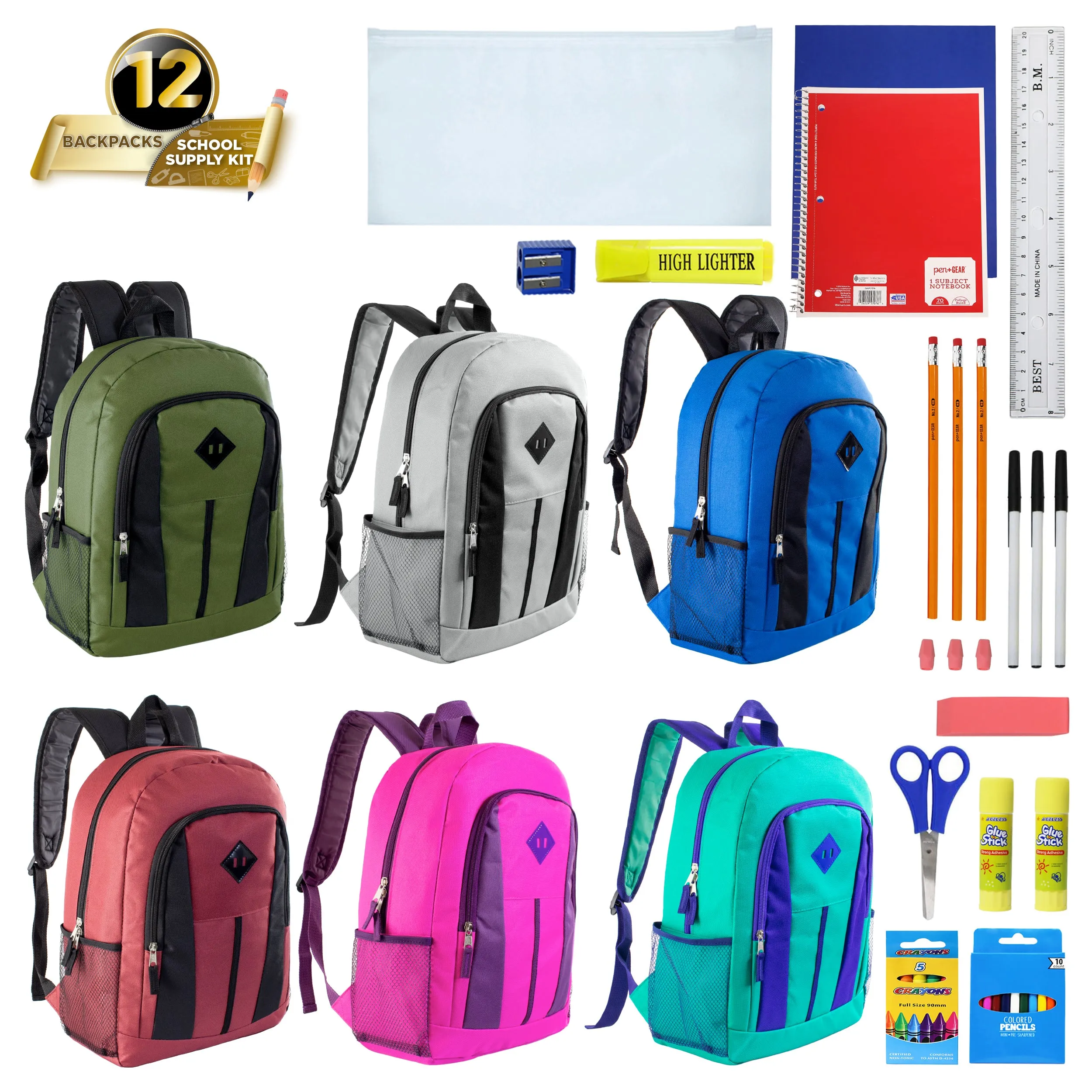 12 Wholesale 17" Diamond Patch Backpacks in 6 Colors & 12 Bulk School Supply Kits of Your Choice