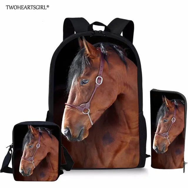 3PCS/SET 3d Crazy Horse Print School Backpack Set for Teenager Girls Boys Cool High School Children Kids Bagpack Child Bookbags