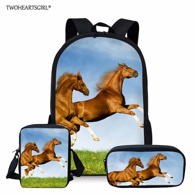 3PCS/SET 3d Crazy Horse Print School Backpack Set for Teenager Girls Boys Cool High School Children Kids Bagpack Child Bookbags