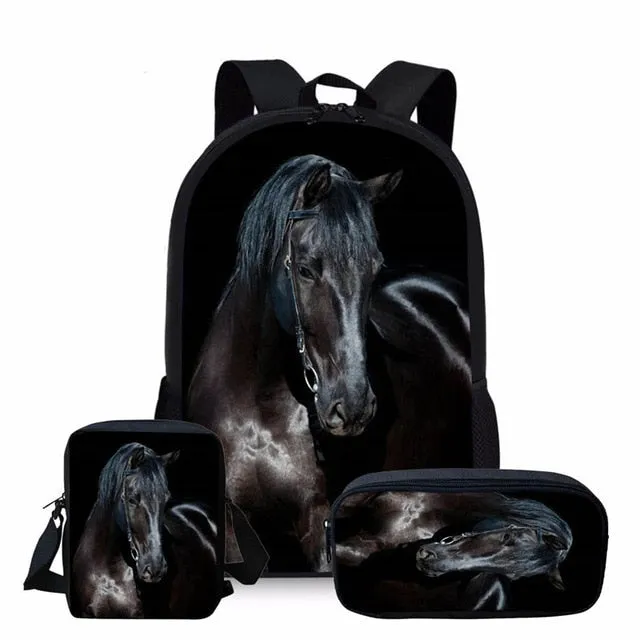 3PCS/SET 3d Crazy Horse Print School Backpack Set for Teenager Girls Boys Cool High School Children Kids Bagpack Child Bookbags