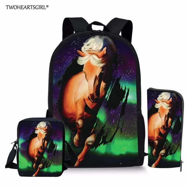 3PCS/SET 3d Crazy Horse Print School Backpack Set for Teenager Girls Boys Cool High School Children Kids Bagpack Child Bookbags