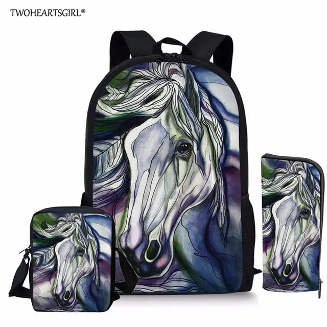 3PCS/SET 3d Crazy Horse Print School Backpack Set for Teenager Girls Boys Cool High School Children Kids Bagpack Child Bookbags