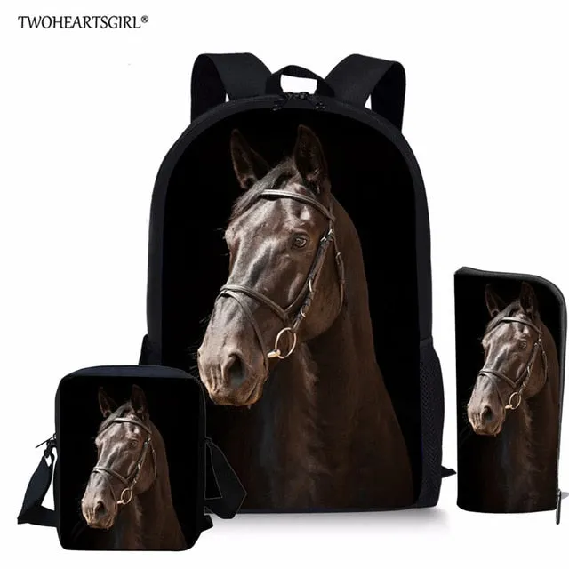 3PCS/SET 3d Crazy Horse Print School Backpack Set for Teenager Girls Boys Cool High School Children Kids Bagpack Child Bookbags