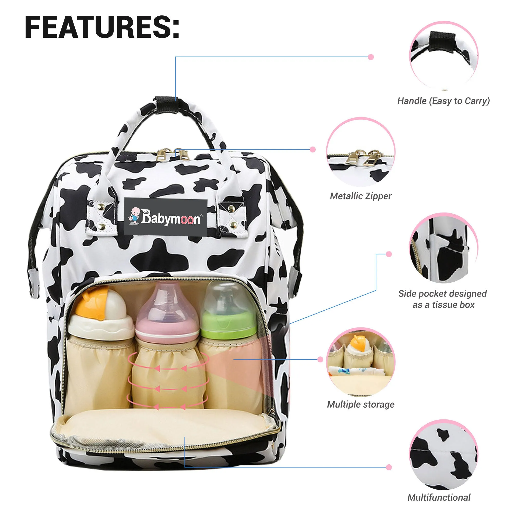 Babymoon Mother Diaper Bag Lightweight Multifunctional Travel Unisex Diaper Backpack - Black n White