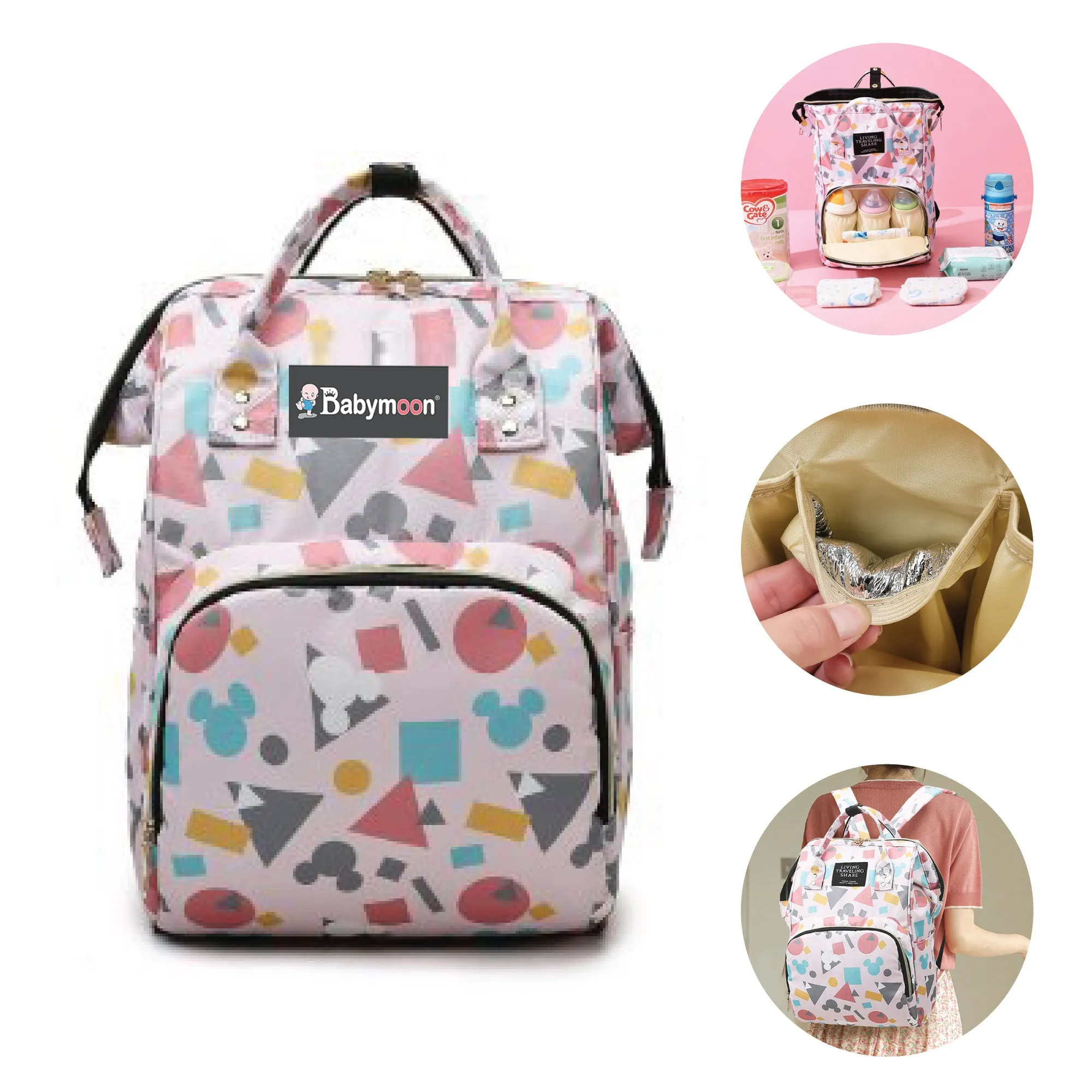 Babymoon Mother Diaper Bag Lightweight Multifunctional Travel Unisex Diaper Backpack - Peach Shapes