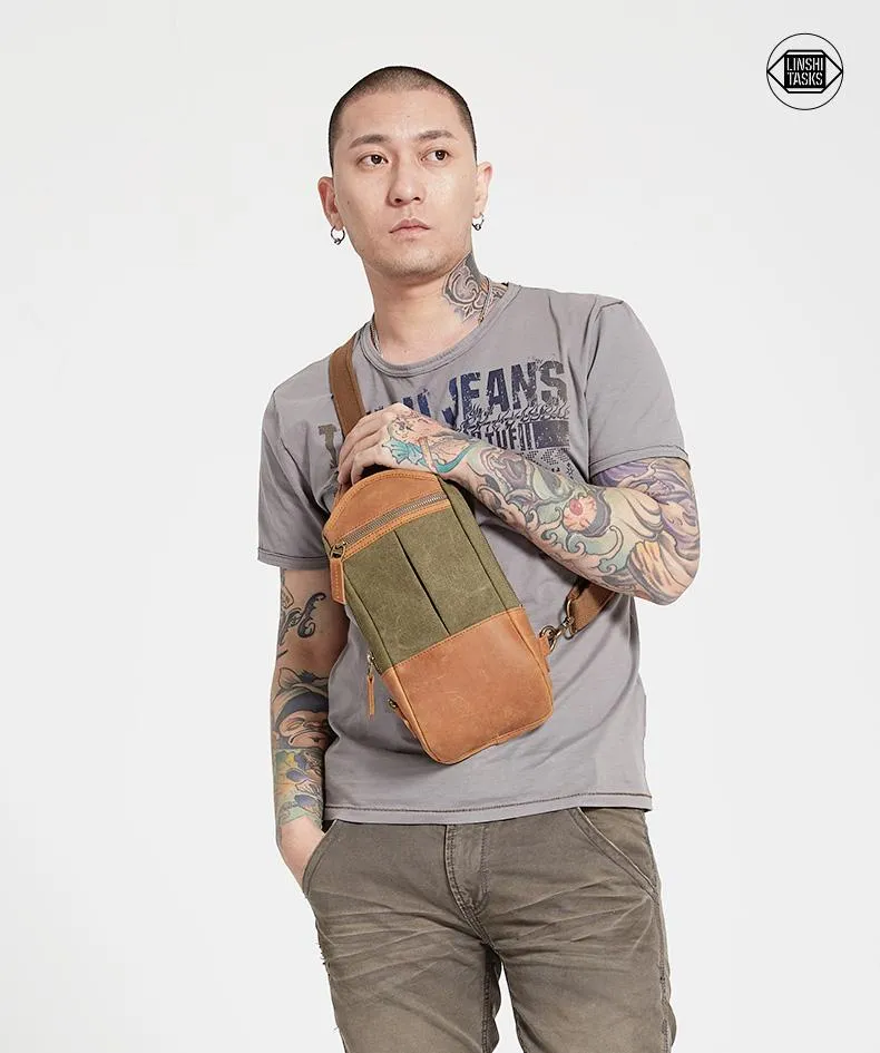 Black Canvas Leather Sling Backpack Men's Sling Bag Chest Bag Canvas One shoulder Backpack For Men