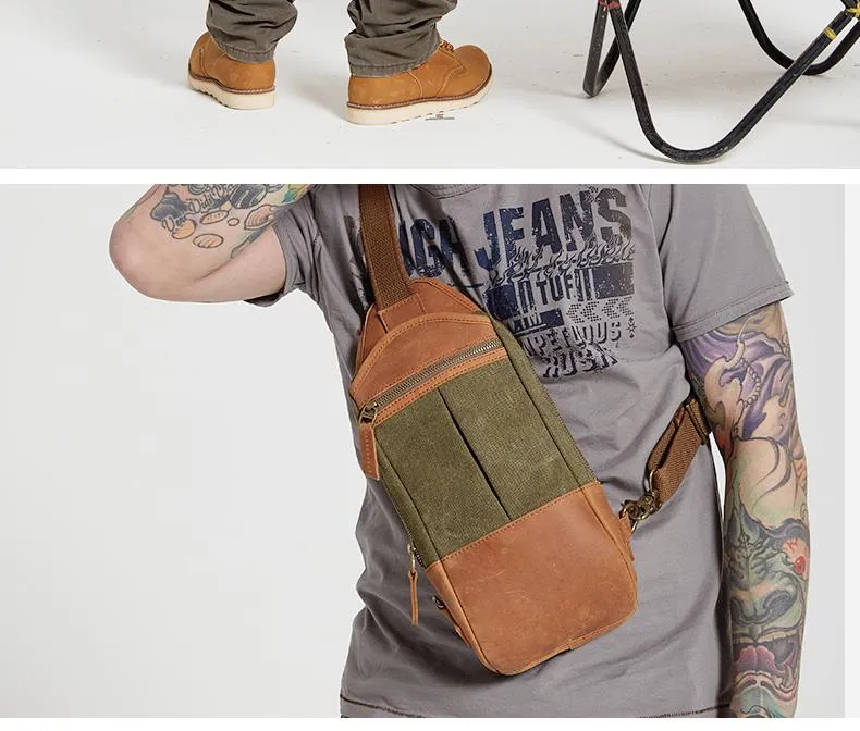 Black Canvas Leather Sling Backpack Men's Sling Bag Chest Bag Canvas One shoulder Backpack For Men