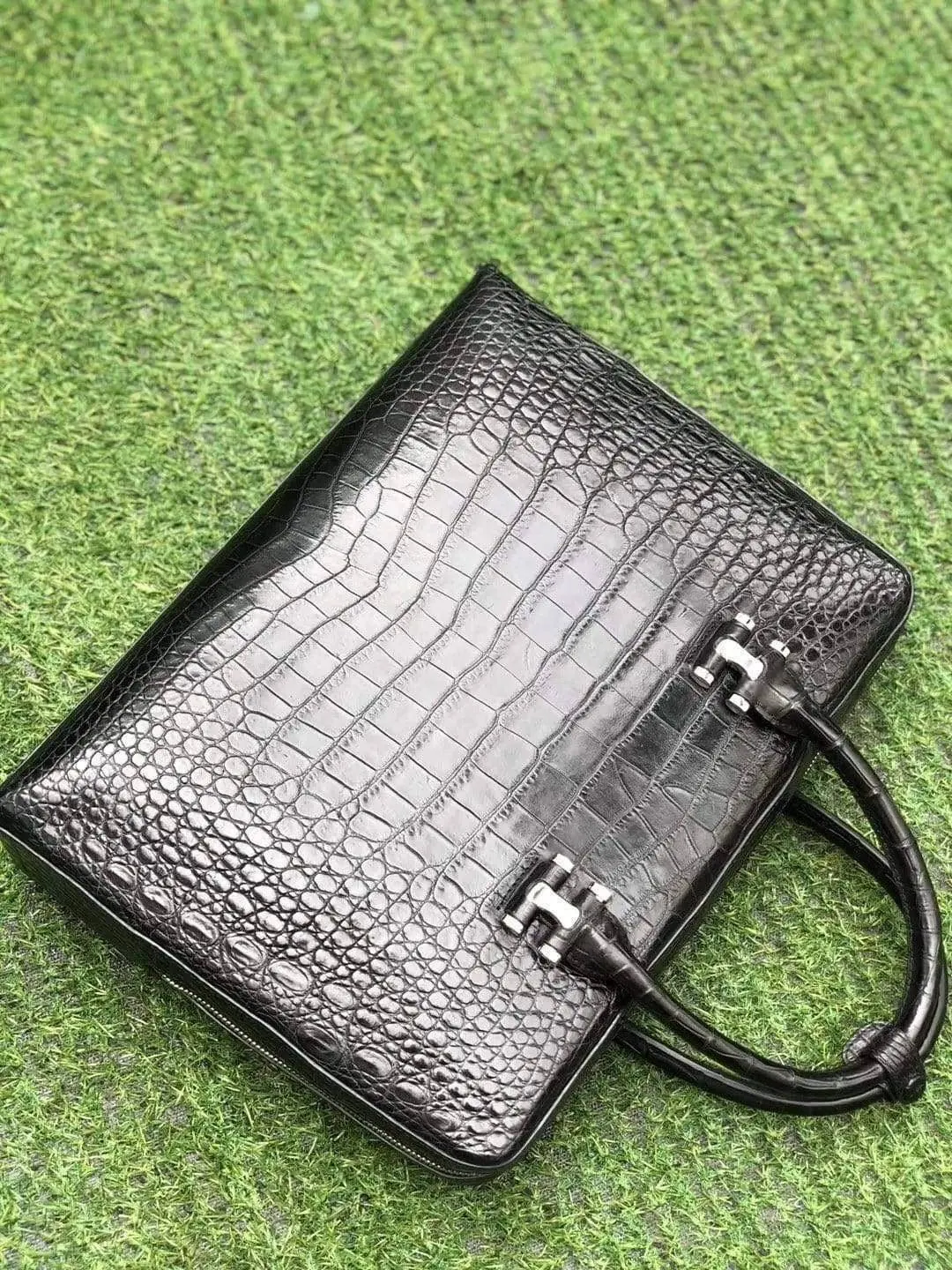 Black Genuine Crocodile  Leather Briefcase With Side Password Knock