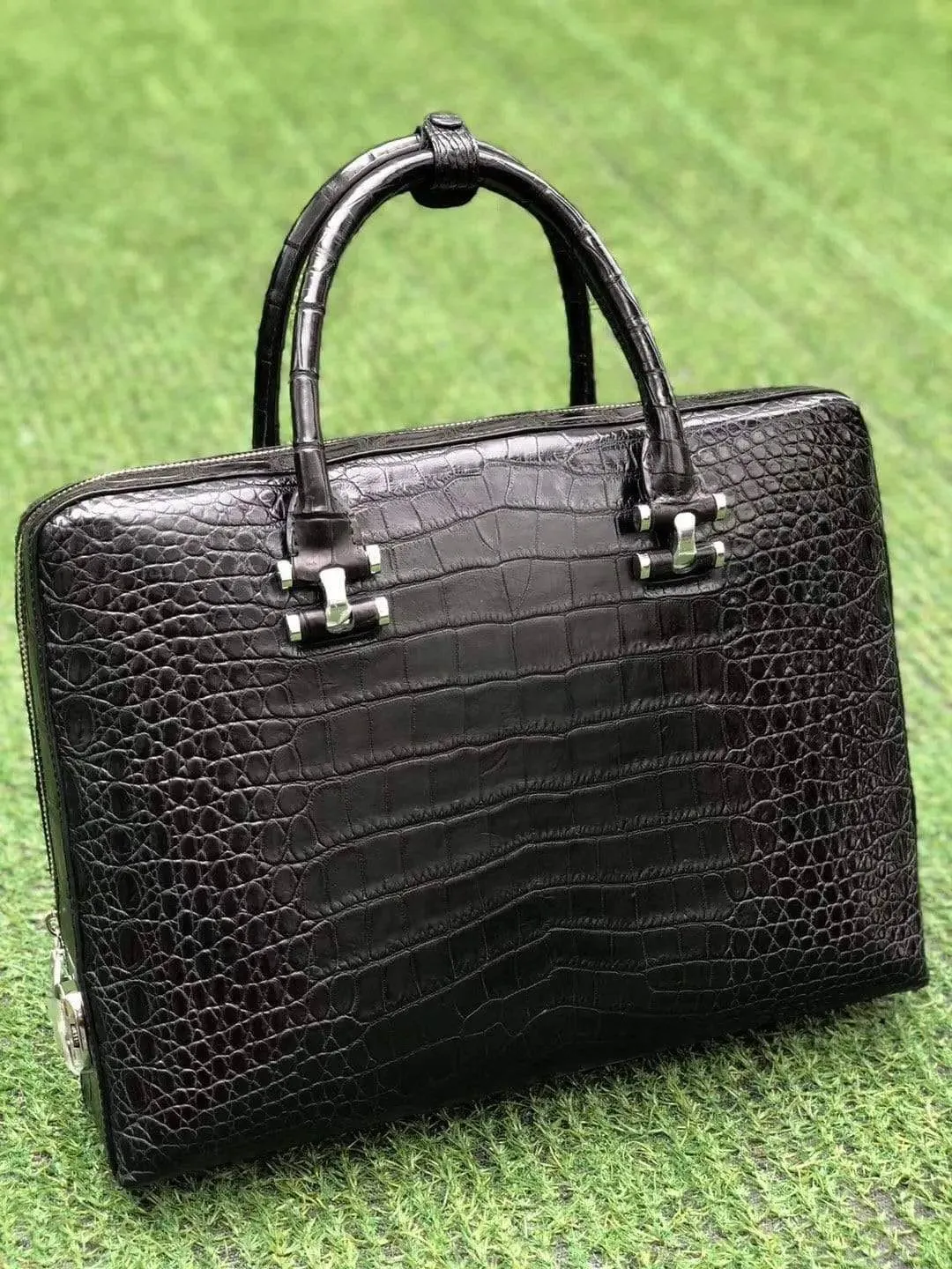 Black Genuine Crocodile  Leather Briefcase With Side Password Knock