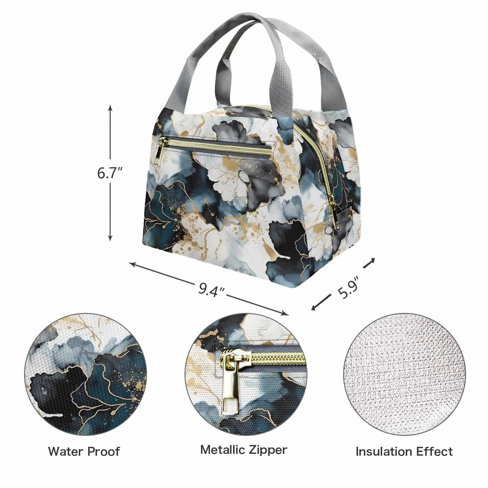 Black Ink Floral  Portable Lunch Bag-Grey Handle