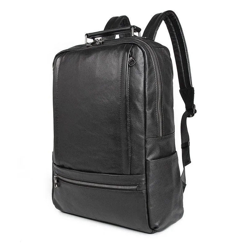 Black Leather Men's 14 inches Large Computer Backpack Black Large Travel Backpack Black Large College Backpack For Men