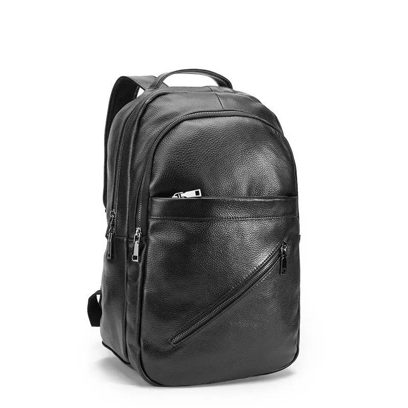 Black Mens Leather Laptop Backpack College Backpack Black Travel Backpack for Men