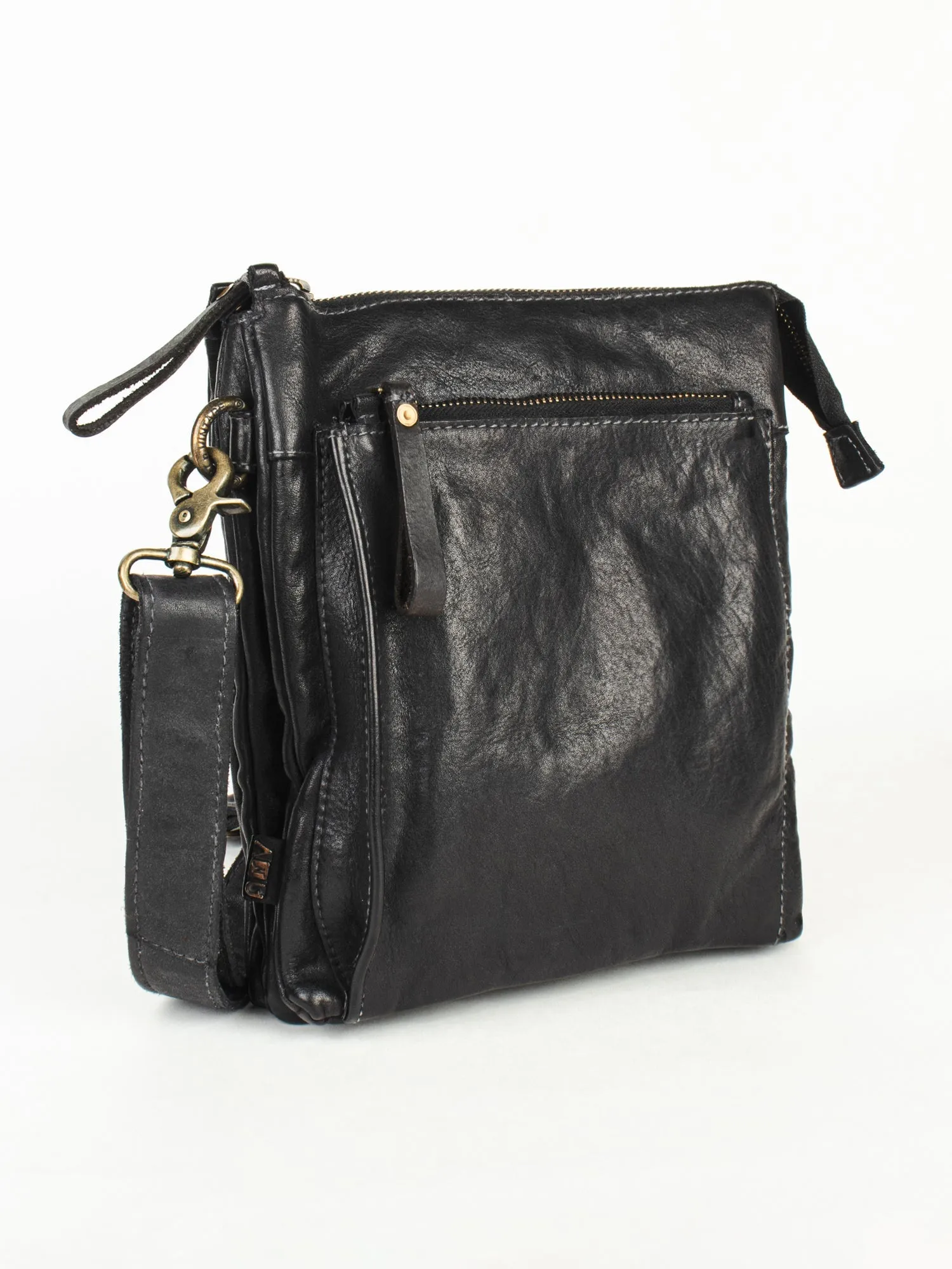 Black Washed Veg Tan Leather Multiple Compartment Crossbody