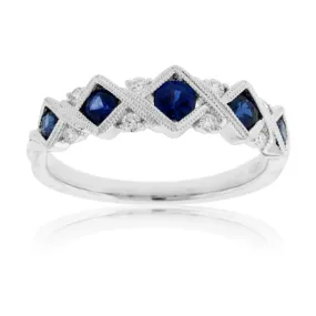 Blue Sapphire & Diamond Milgrain Style Band