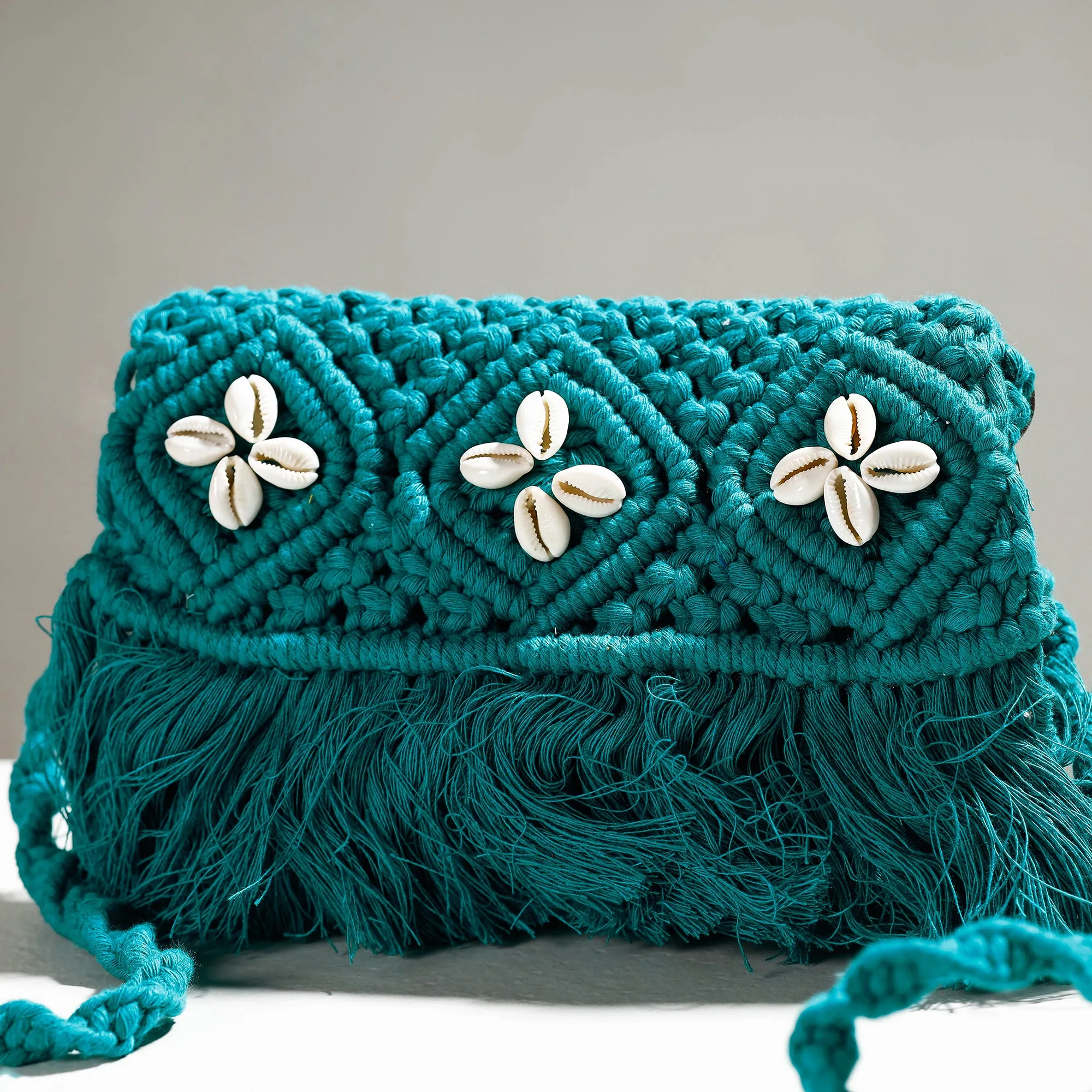 Blue - Thread & Shell Work Handcrafted Macrame Sling Bag