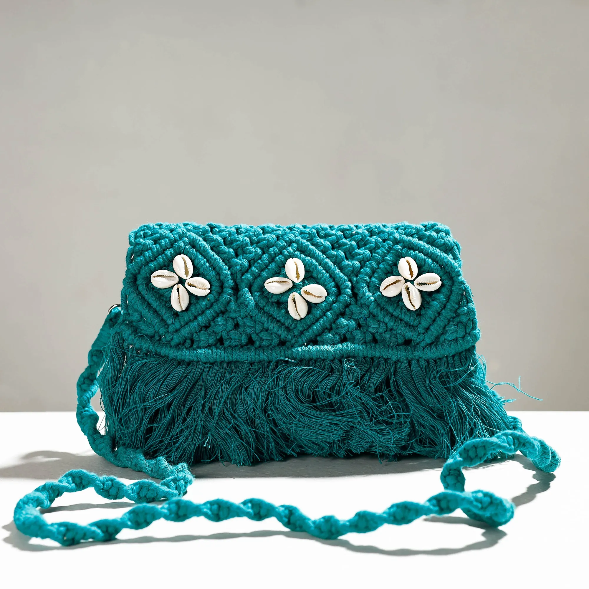 Blue - Thread & Shell Work Handcrafted Macrame Sling Bag