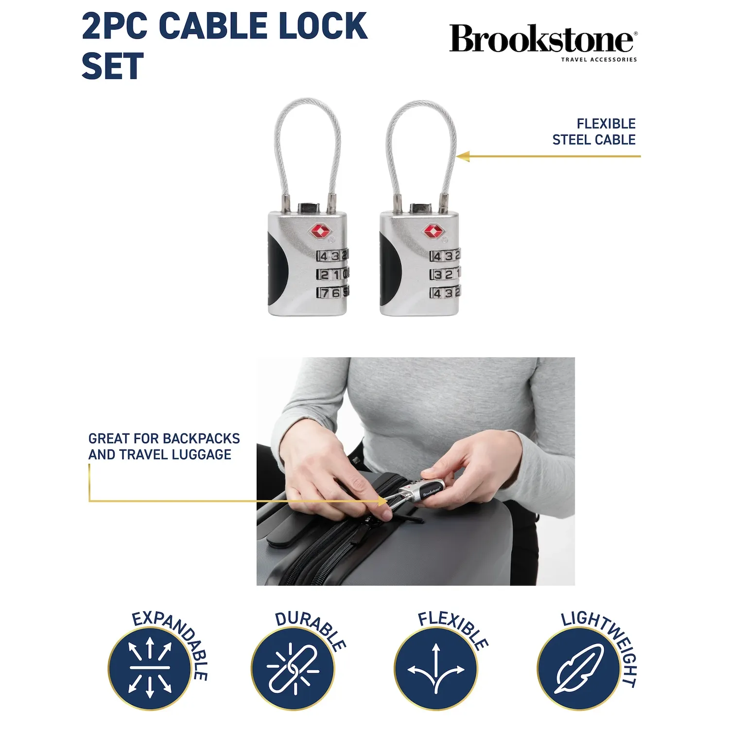 Brookstone Cable Lock - 2 Pack TSA-Approved 3-Digit Keyless Luggage Travel Lock