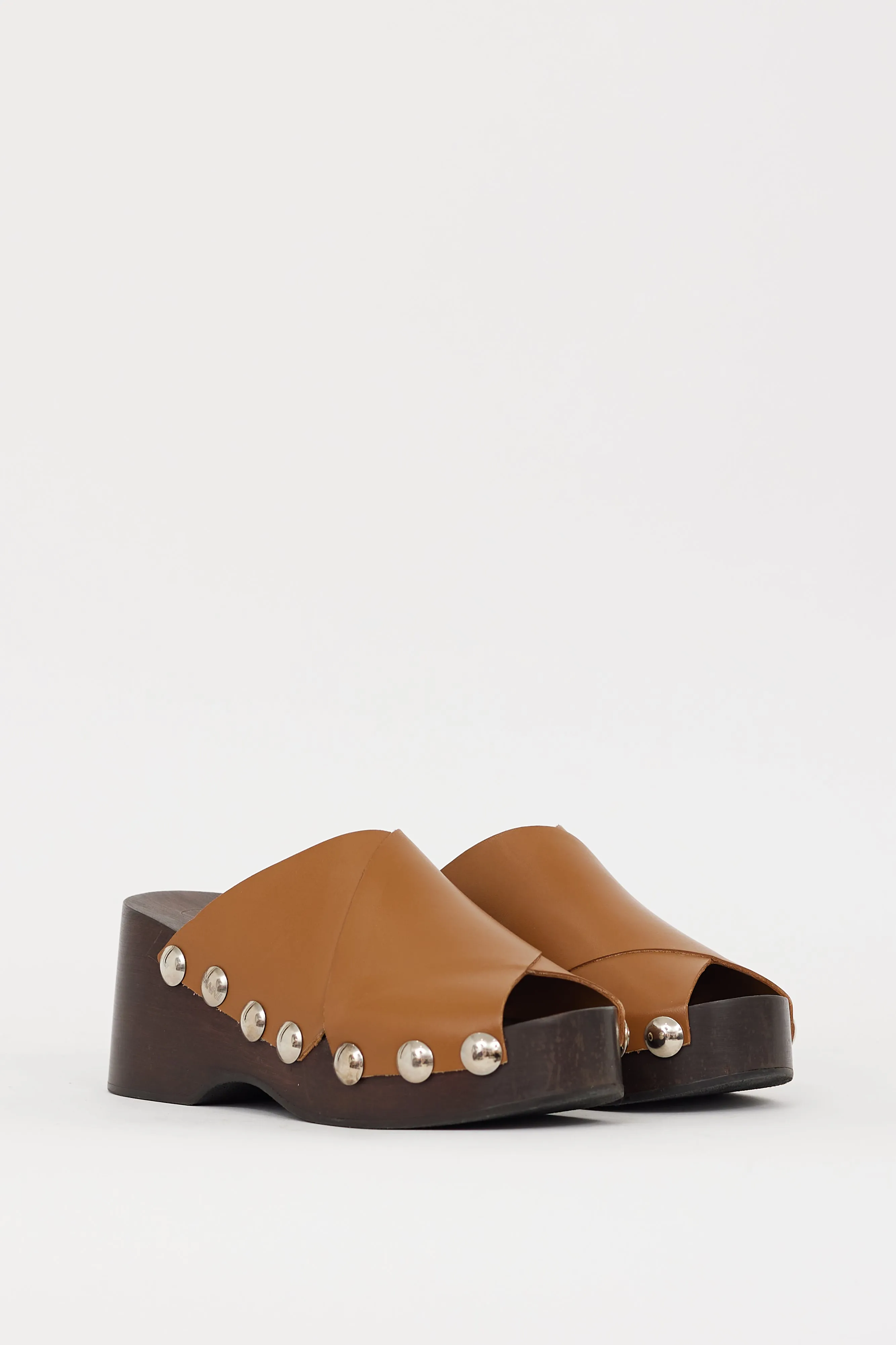 Brown Leather Retro Studded Wooden Mule