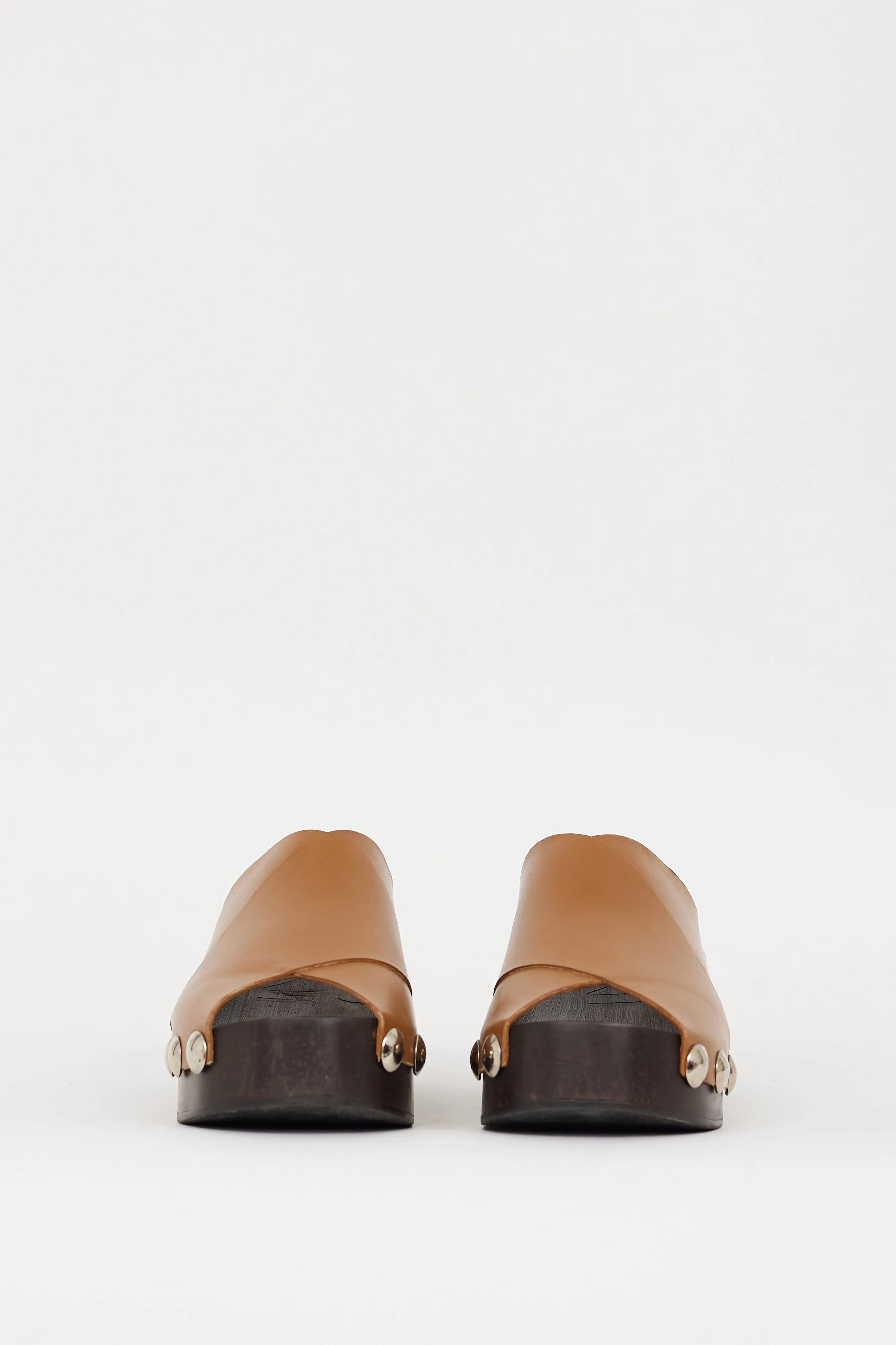 Brown Leather Retro Studded Wooden Mule