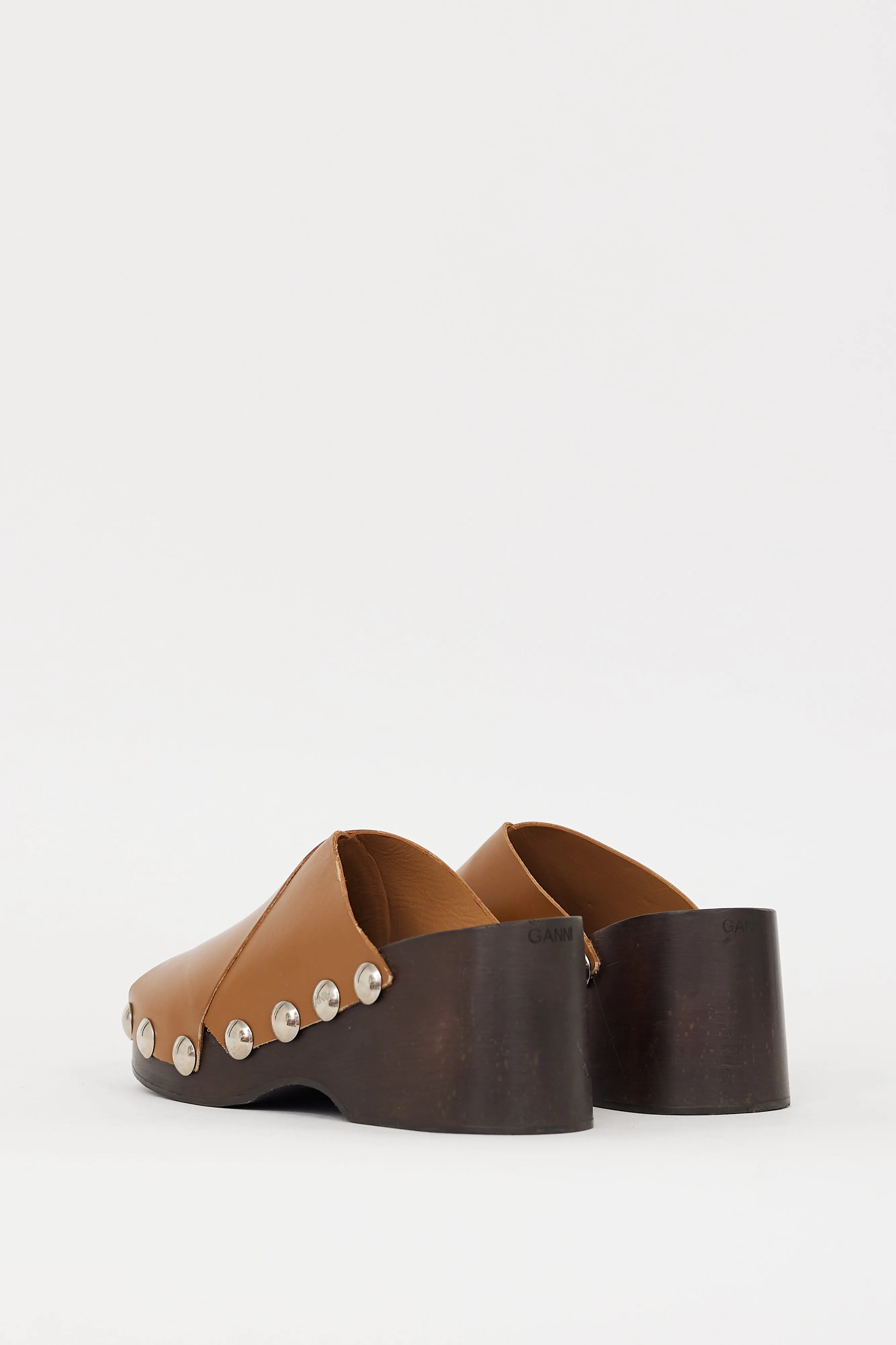 Brown Leather Retro Studded Wooden Mule