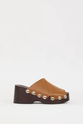 Brown Leather Retro Studded Wooden Mule