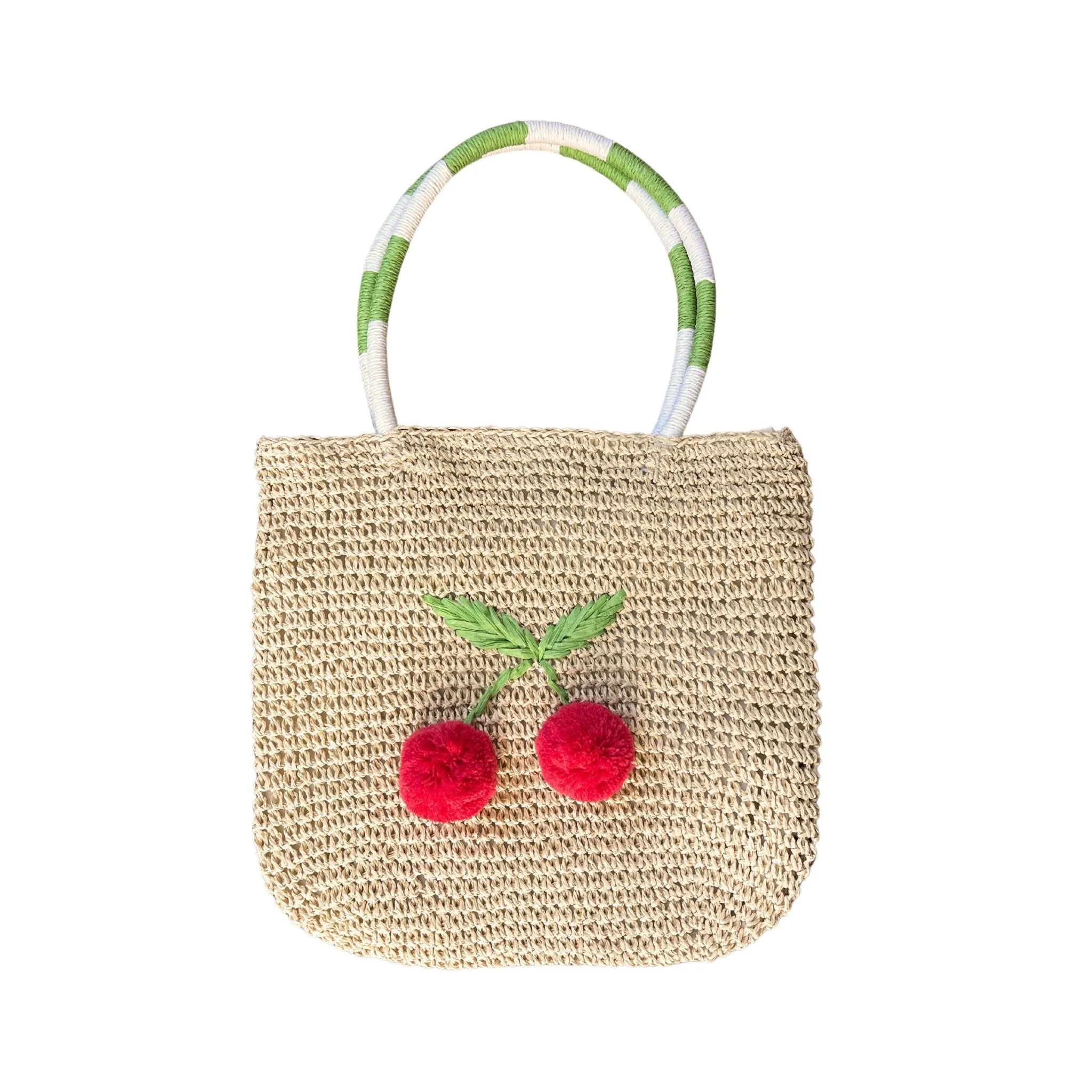 Cherry Pom Pom Straw Bag