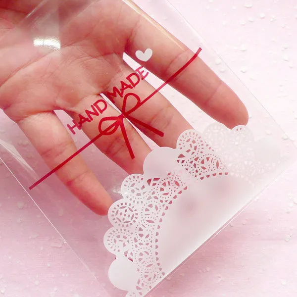 Clear Gift Bags with Kawaii Cake Doilies Pattern (20 pcs) Self Adhesive Resealable Plastic Handmade Gift Wrapping Bag (11cm x 9.5cm) GB079