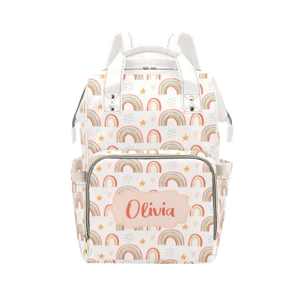 Custom Diaper Bag Backpack, Personalized Name Boho Rainbow Customized Baby Girl Waterproof Insulated Pockets Stylish Mom Designer Men Women