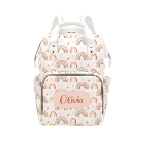 Custom Diaper Bag Backpack, Personalized Name Boho Rainbow Customized Baby Girl Waterproof Insulated Pockets Stylish Mom Designer Men Women