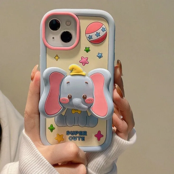 Cute Blue Cartoon Elephant Character With Foldable Big Ears Stand Design Protective Shockproof Phone Case for iPhone 11 12 13 14 15 Pro Max