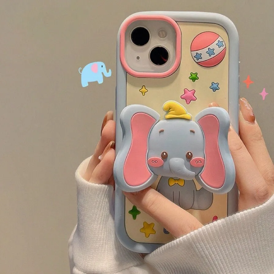 Cute Blue Cartoon Elephant Character With Foldable Big Ears Stand Design Protective Shockproof Phone Case for iPhone 11 12 13 14 15 Pro Max