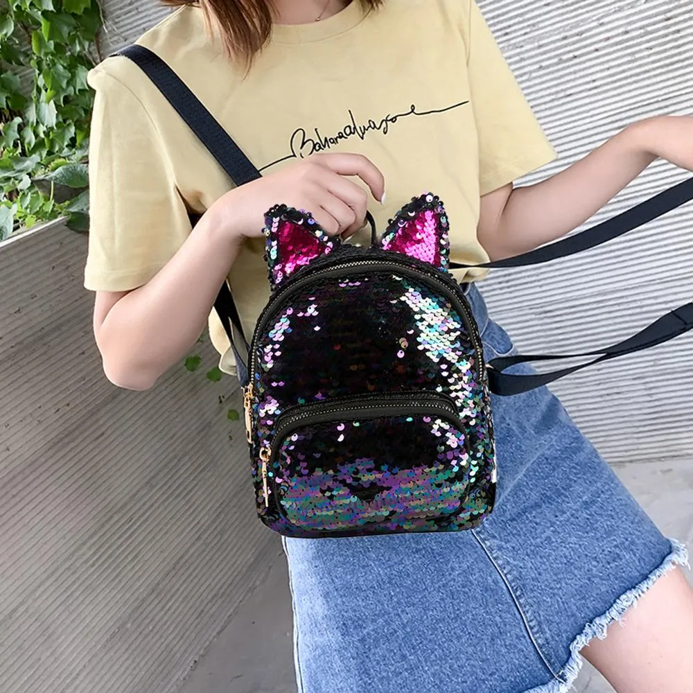 Cute Sequins Cat Ears School Zipper Backpack