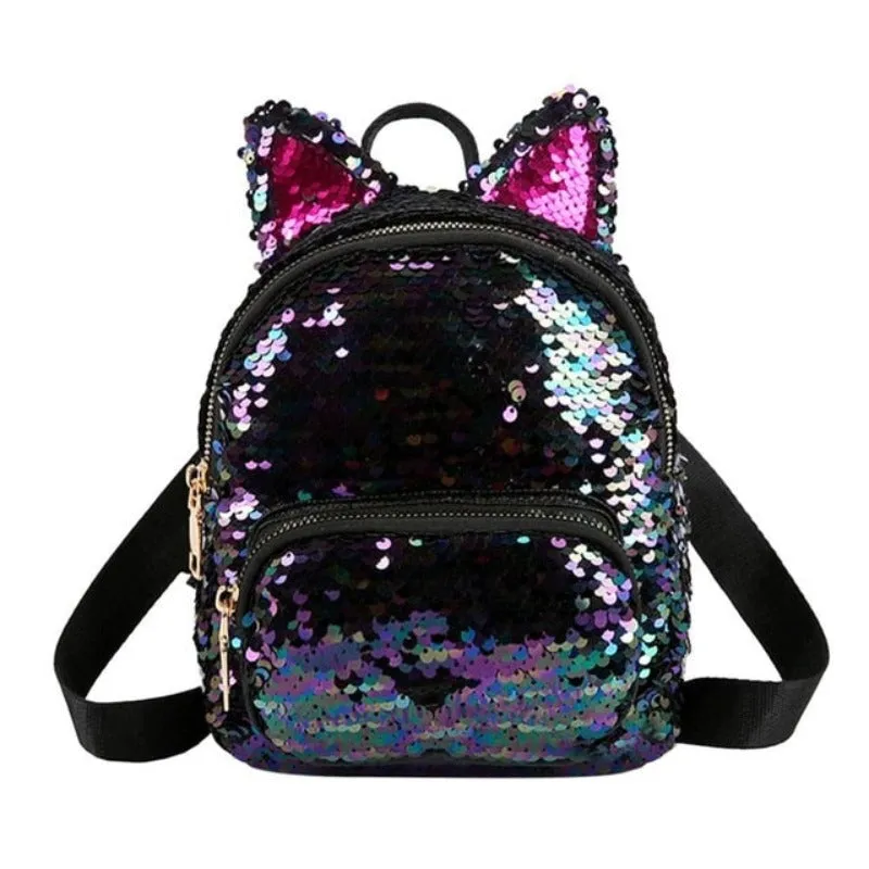 Cute Sequins Cat Ears School Zipper Backpack