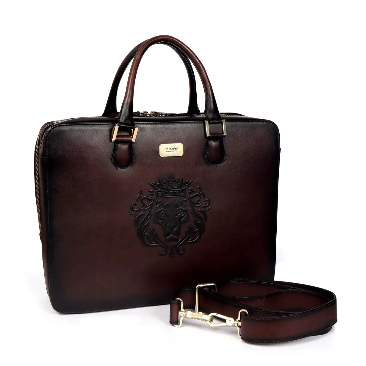 Dark Brown Leather Embossed Lion Laptop Office Briefcase with Organizer Compartment by Brune & Bareskin