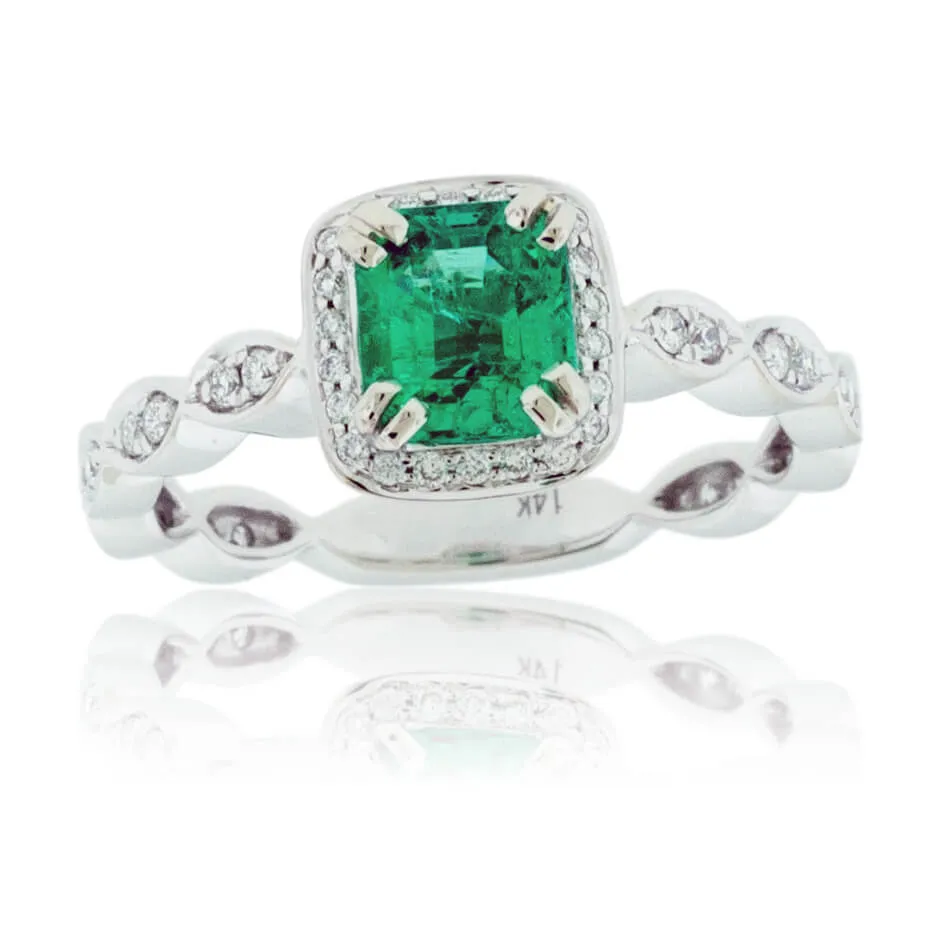 Diamond Halo and Emerald Vintage Style Ring