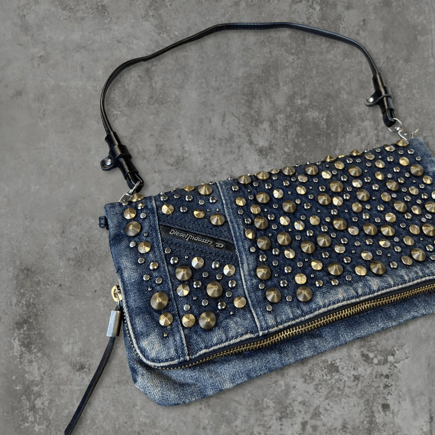 DIESEL STUDDED DENIM SHOULDER BAG