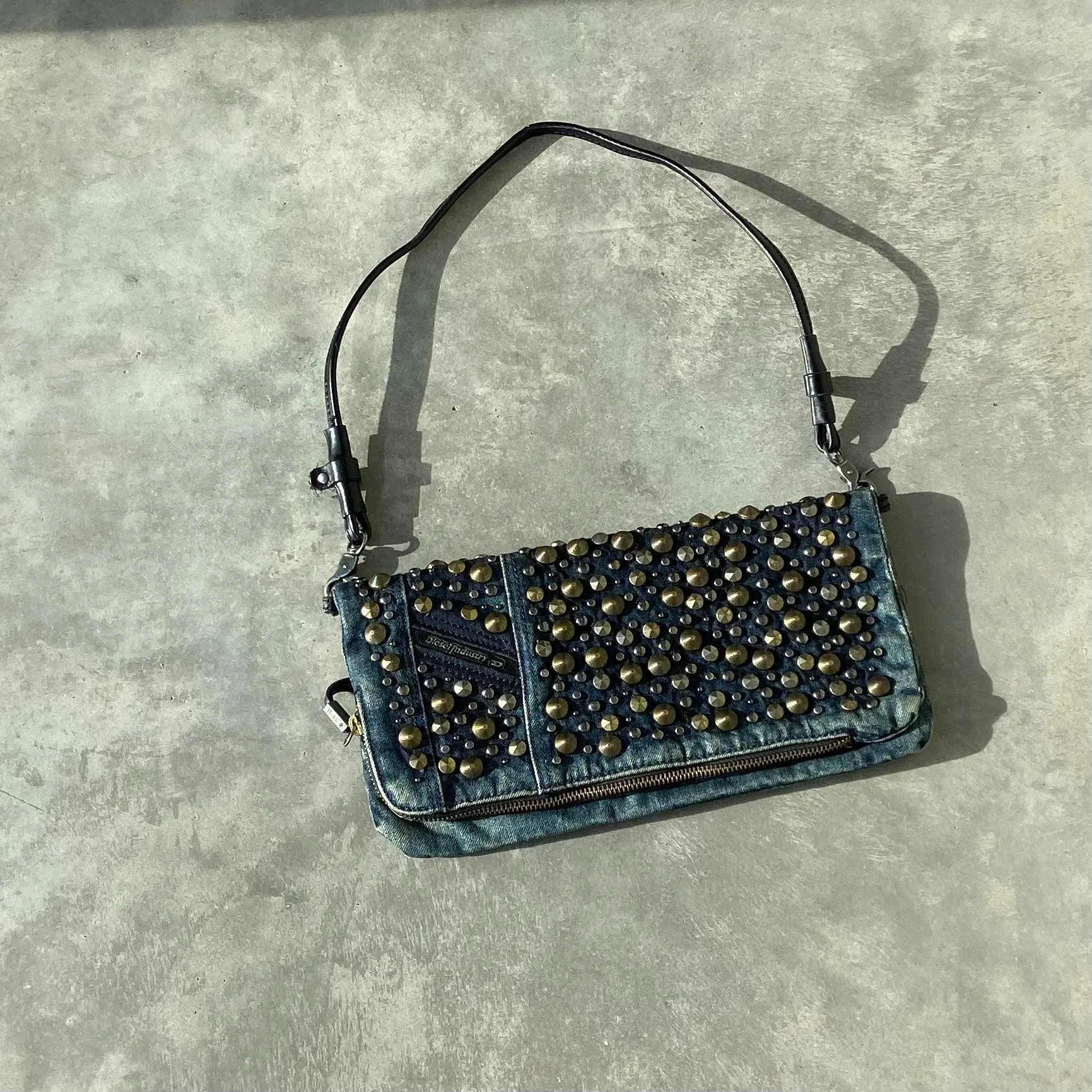 DIESEL STUDDED DENIM SHOULDER BAG