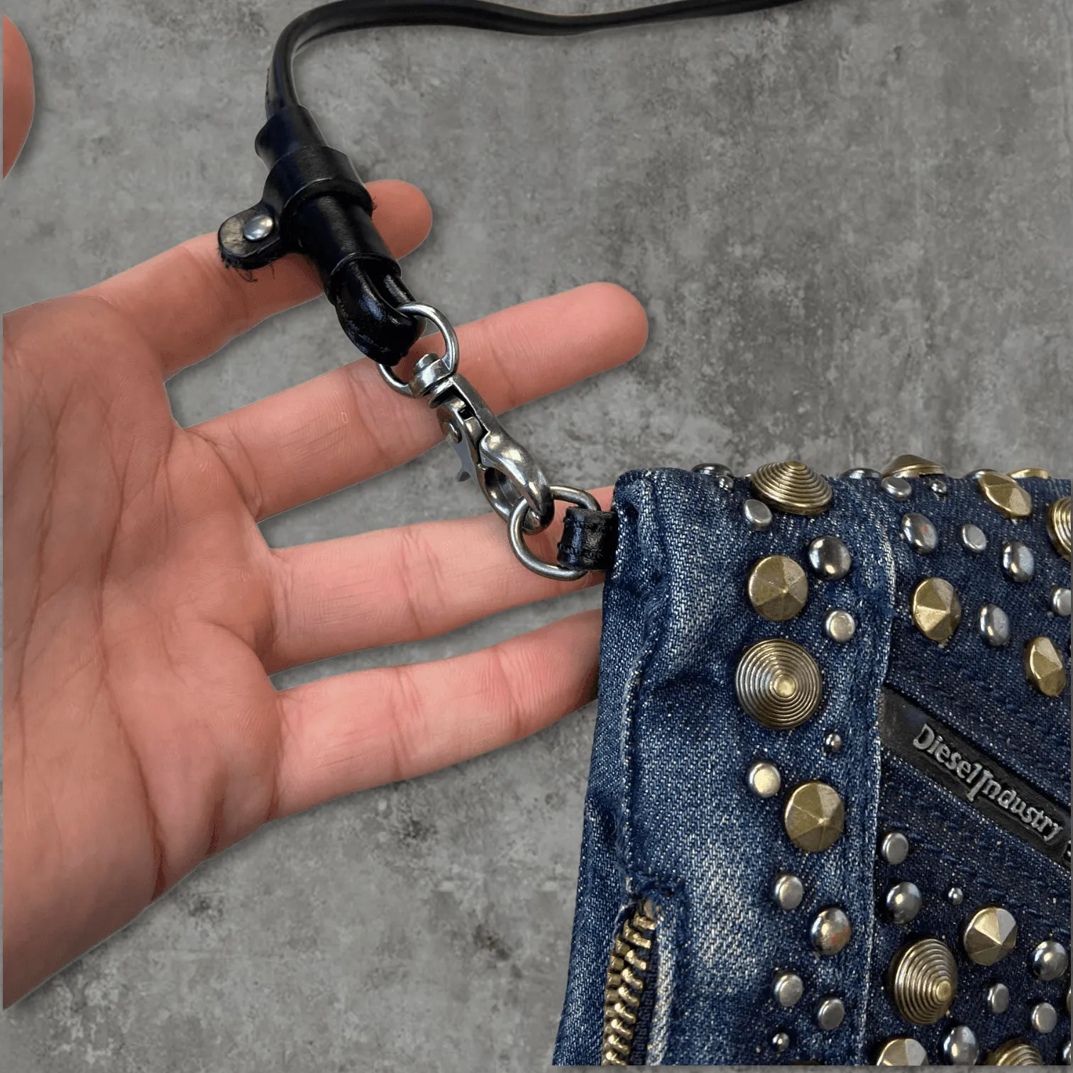 DIESEL STUDDED DENIM SHOULDER BAG