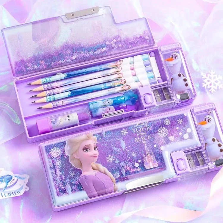 Disney Frozen Quicksand Stationery Box - Multi-Functional Double-Layer Pencil Case