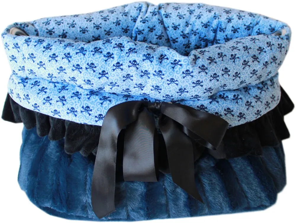 Dog, Puppy & Pet or Cat Reversible Snuggle Bugs Pet Bed, Bag, and Car Seat All-in-One, "Light Pink or Baby Blue Skulls"