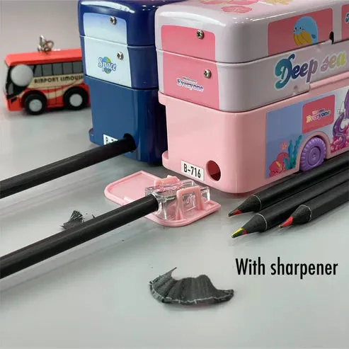 Double Decker Metal Pencil Case with Wheels