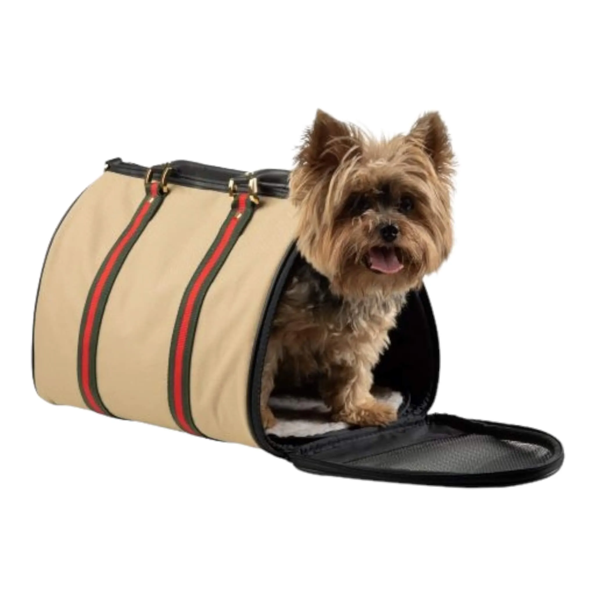 Duffel Bag Designer Dog Carrier - Khaki with Stripe