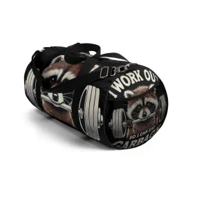 Duffel Bag: 'I WORK OUT' Raccoon Weightlifting