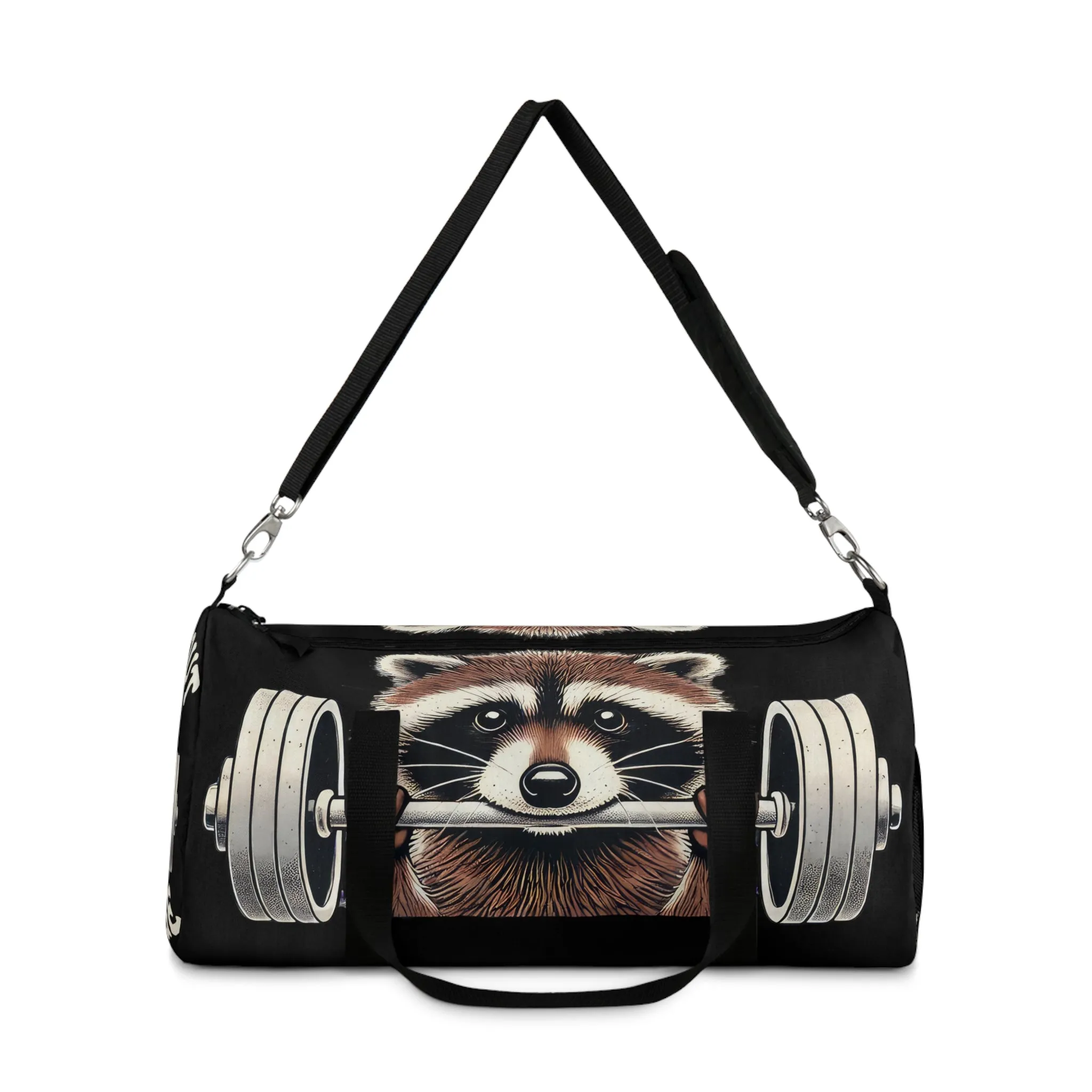 Duffel Bag: 'I WORK OUT' Raccoon Weightlifting