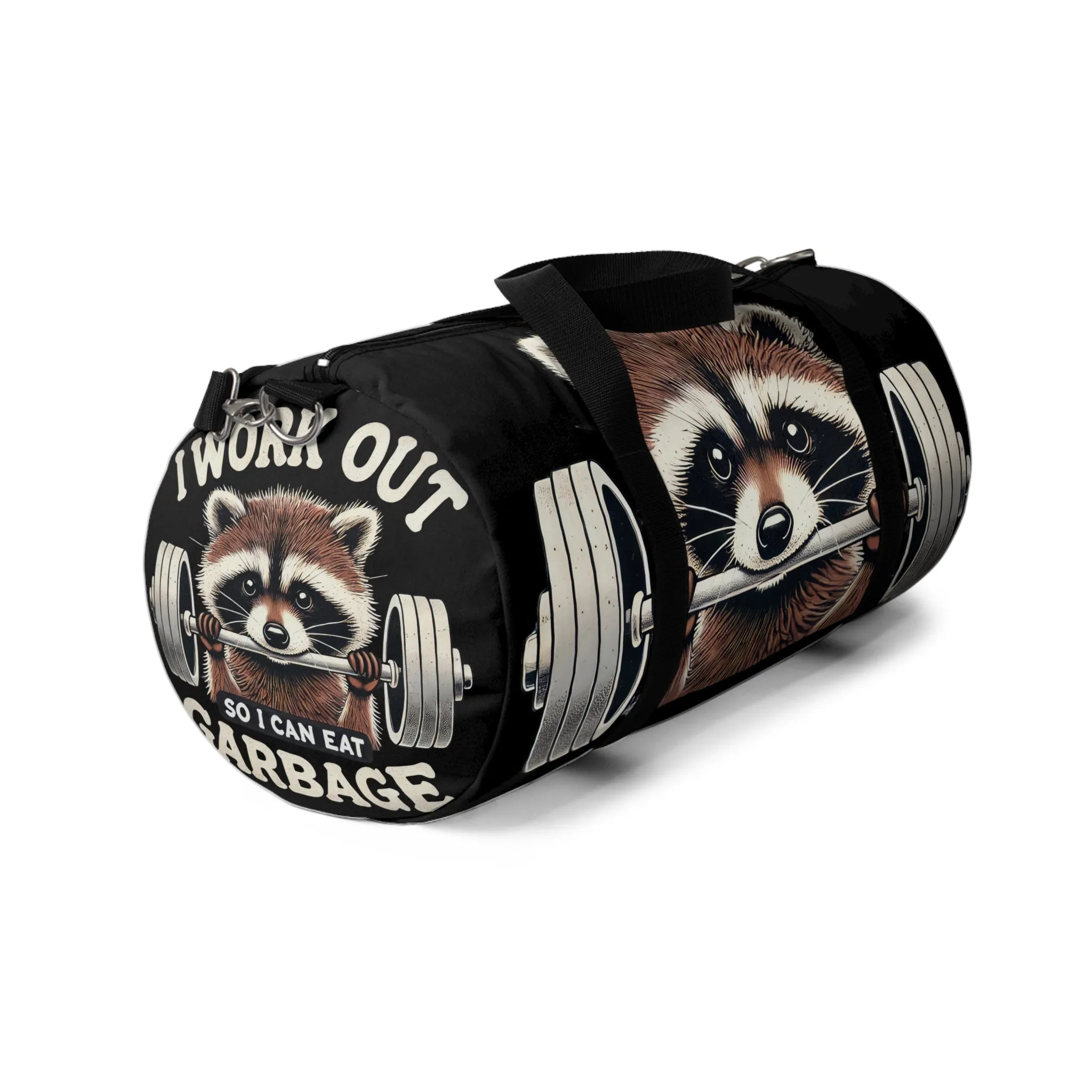 Duffel Bag: 'I WORK OUT' Raccoon Weightlifting