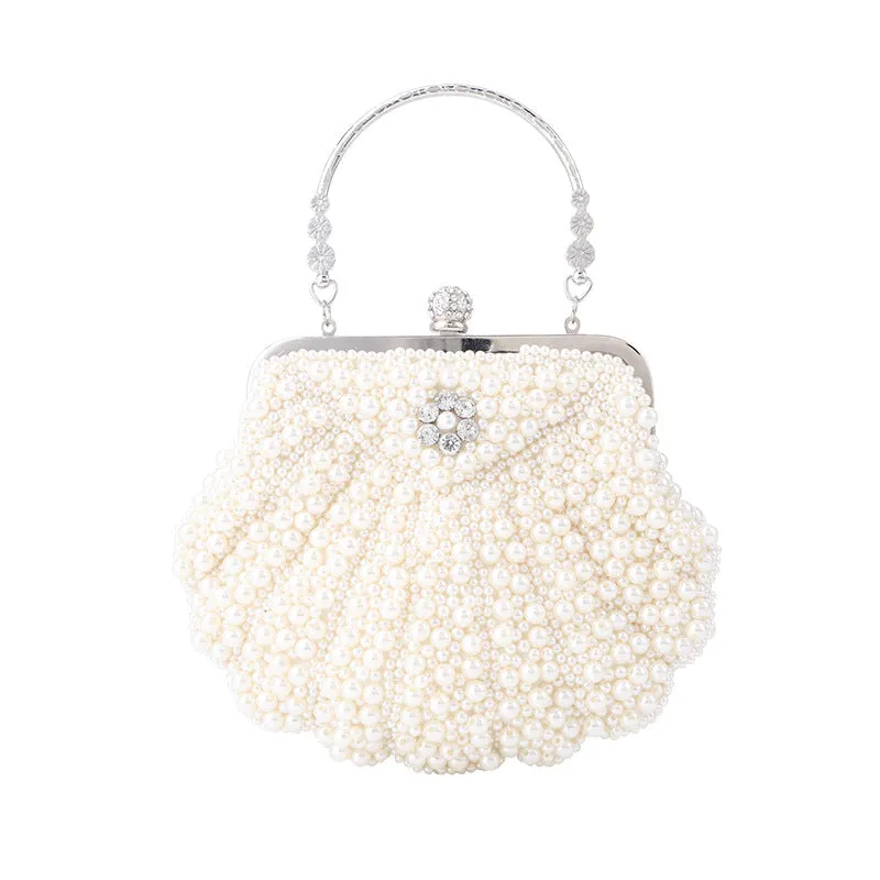 Elegant Hand Bag Shell Shape Pearls Evening Bag