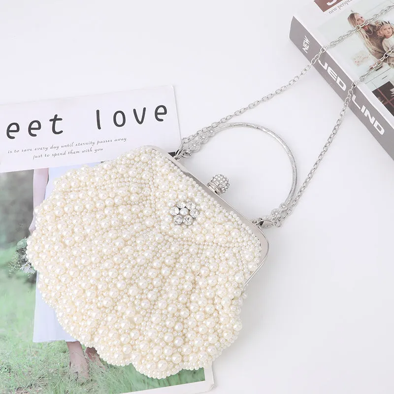 Elegant Hand Bag Shell Shape Pearls Evening Bag