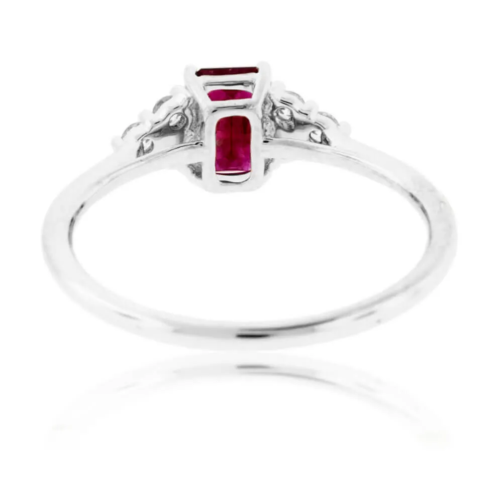 Emerald-Cut Red Emerald and Three Diamond Accent Ring