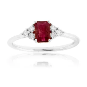 Emerald-Cut Red Emerald and Three Diamond Accent Ring