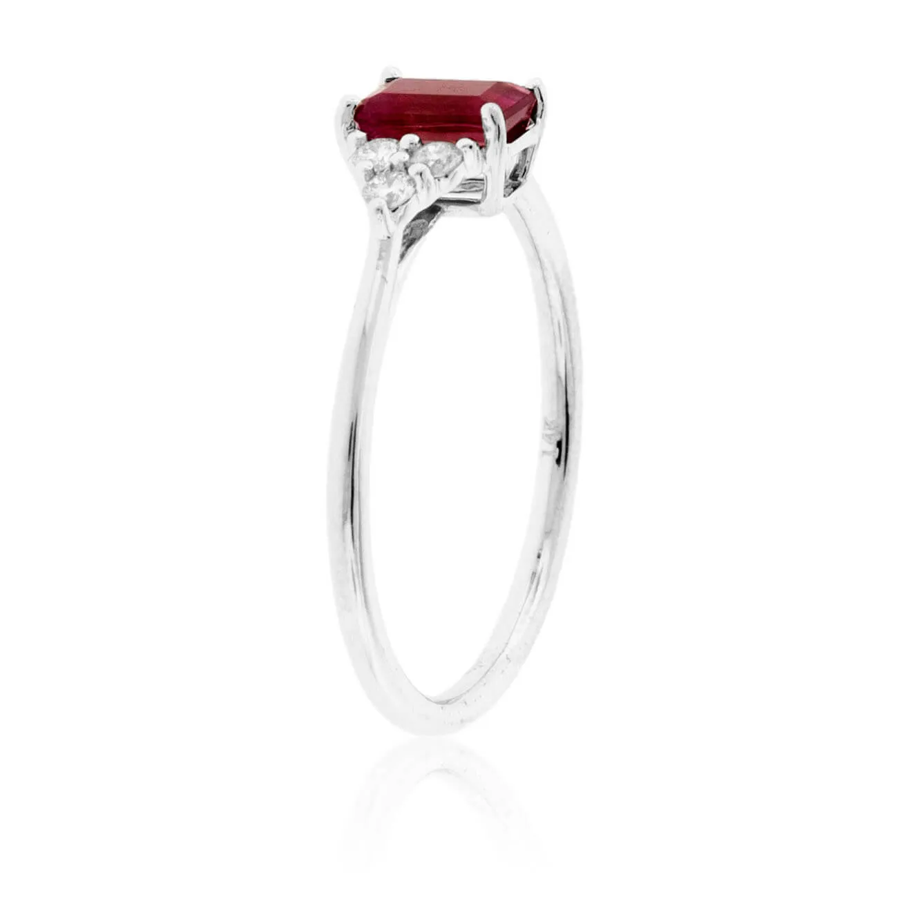 Emerald-Cut Red Emerald and Three Diamond Accent Ring